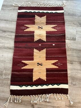 Vintage Woven Mexican Southwestern Wool Fringed Tapestry Rug Saddle Blanket